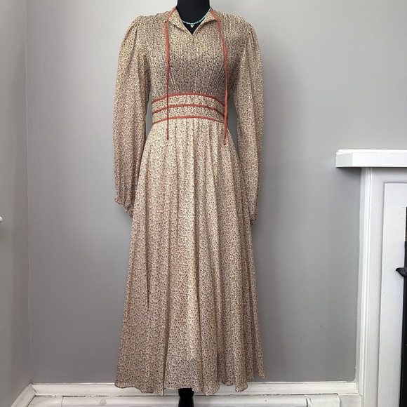 Vintage Jonathan Logan Dress Women 8 Tan Red Floral‎ Prairie Maxi USA 70s Flaw - Picture 1 of 16